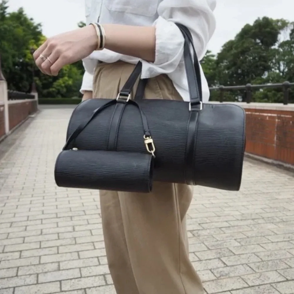 Authentic Louis Vuitton Soufflot bag Black Epi Leather with mini pouch M52862
